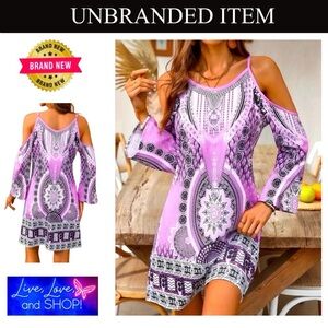 Elegant Pink/Lavender Cold Shoulder Dress with Ethnic/Bohemian Influence, NWOT
